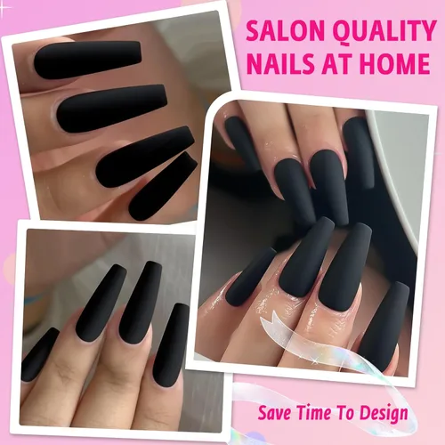 Miniatura 3 de AddFavor 120 uñas postizas negras a presión largas con pegamento y pestañas adhesivas, uñas acrílicas mate de cobertura completa para mujeres y niñas