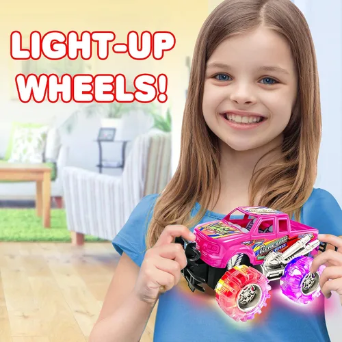 Miniatura 7 de ArtCreativity Juego de camión monstruo con luz rosa y verde para niños y niñas, el juego incluye 2 camiones monstruo de 6 pulgadas con hermosos