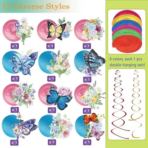Miniatura 3 de Decoraciones colgantes de primavera para el hogar, remolinos colgantes de flores de mariposa, 30 piezas de serpentinas colgantes de techo
