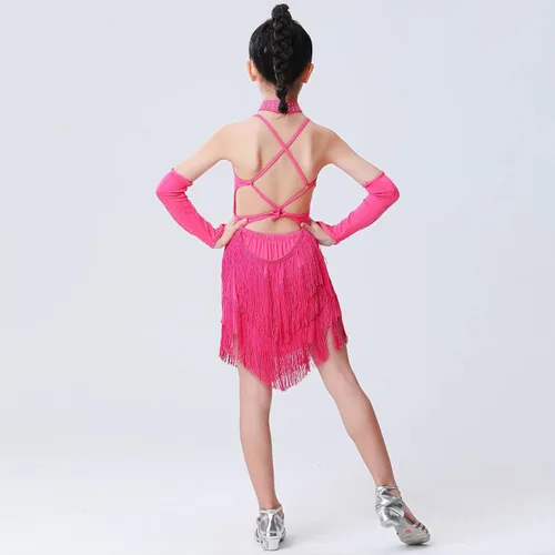 Miniatura 2 de AFAVOM Vestido de baile latino con borlas de lentejuelas para niñas, vestidos de patinaje artístico, ropa de baile con guantes, gargantilla