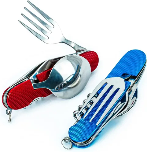 Miniatura 12 de Juego de cubiertos multifunción 6 en 1 para acampar, cuchara desmontable, tenedor, cuchillo, kit combinado con bolsa de transporte