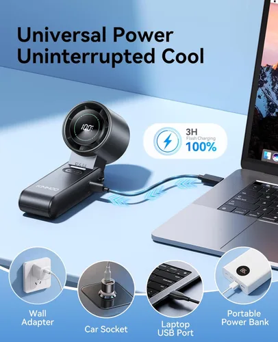 Miniatura 8 de KIMMOO Ventilador Turbo Portátil de Mano 3 en 1 - 100 Velocidades, 13500 RPM, 12 Horas de Refrigeración, Pantalla Digital, Rotación de 120°, Mini