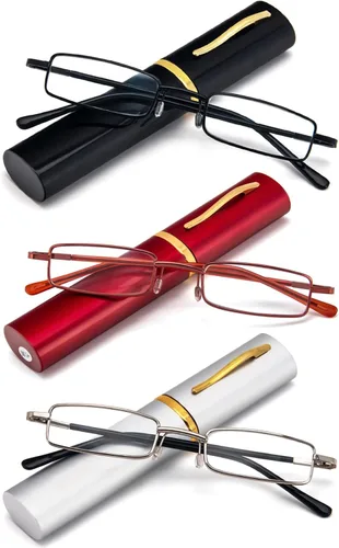 Miniatura 11 de REAVEE - 2 unidades de gafas de lectura con bolígrafo delgado para hombres y mujeres, tamaño pequeño de bolsillo, tubo con bisagra de resorte