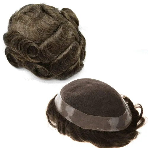 Miniatura 21 de Peluca de cabello humano monofilamento fino para hombre tipo tupé de polietileno alrededor del sistema de cabello, peluca duradera de monofilamento