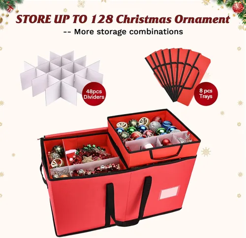 Miniatura 4 de Caja de almacenamiento de adornos de Navidad, organizador de almacenamiento de adornos para 128 bolas de adorno de 3 pulgadas, 8 bandejas extraíbles