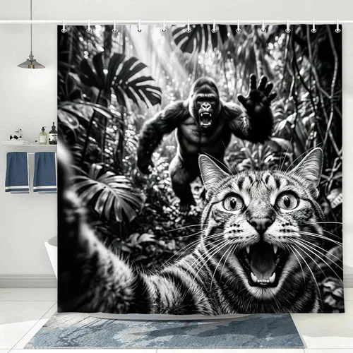 Miniatura 5 de Divertida cortina de ducha con diseño de gato con gorila en la selva, decoración de baño de animales humorísticos en blanco y negro, juego