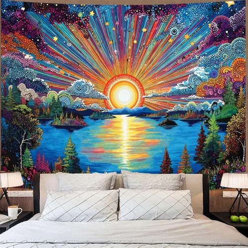 Miniatura 31 de Zussun Tapiz de hongo rojo, tapices de luna y estrella para dormitorio, estética de color beige, noche estrellada, planta verde, tapiz de pared