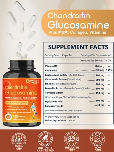 Miniatura 7 de NATURE TARGET Glucosamina, condroitina MSM cúrcuma – 120 cápsulas de suplemento de apoyo articular para alivio y movilidad, con colágeno tipo II