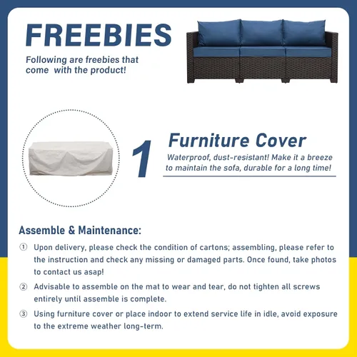 Miniatura 6 de Valita Muebles de patio de 3 asientos, sofá de mimbre marrón, muebles de exterior, sofá de exterior, asiento profundo, respaldo alto, funda Azul