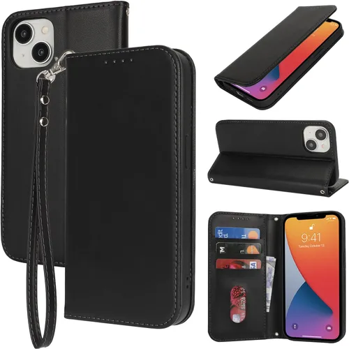 Funda tipo cartera para iPhone 13, iPhone 14, con tarjetero y correa para la muñeca, de piel sintética, a prueba de golpes, con función atril