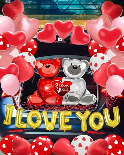 Miniatura 7 de Lutoys Kit de decoración de globos de San Valentín con globos "I Love You", globos de corazón con 1000 pétalos de rosa roja de seda para el día