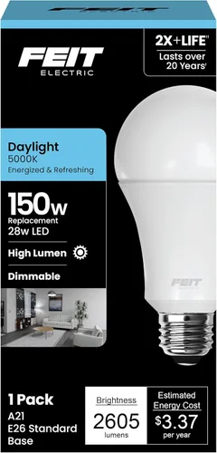 Miniatura 10 de Feit Electric Bombilla LED A21, equivalente a 200 W, no regulable, 3050 lúmenes, base estándar E26, luz diurna de 5000 K, bombilla LED de alto 5000K