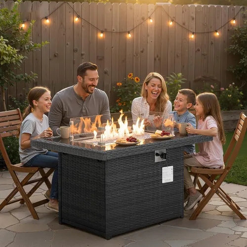 Miniatura 2 de NICESOUL Mesa de Fogata de Propano de Mimbre, 60000 BTU Mesas Grandes de Fogata de Gas Natural, 43'' Chimeneas Rectangulares CSA para Terraza Patio