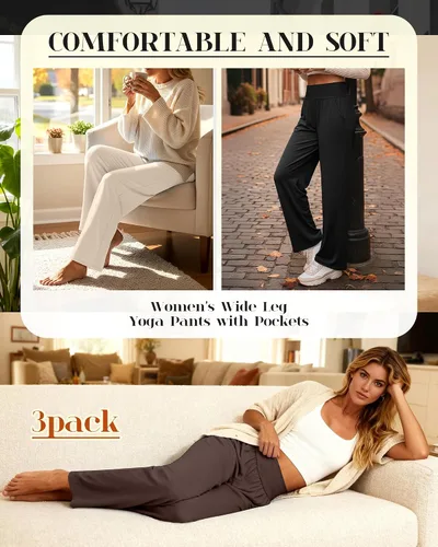 Miniatura 21 de Neer - Conjunto de 3 pantalones de yoga de pierna ancha para mujer - Pantalones deportivos cómodos, holgados, de cintura alta y casuales