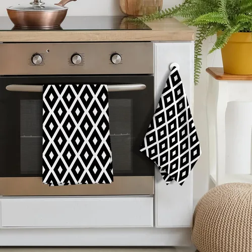 Miniatura 4 de Juego de 2 paños de cocina y paños de cocina con diamantes en blanco y negro, toallas de cocina para secar platos, suaves y absorbentes, secado a