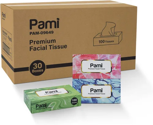 PAMI Pañuelos faciales de alta calidad [30 cajas x 100 = 3000 pañuelos en total] – Cajas de pañuelos faciales a granel para oficina, escuela, hogar,