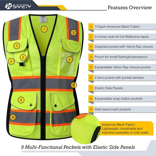 Miniatura 4 de JKSafety Chaleco de seguridad reflectante de alta visibilidad para mujer, tiras reflectantes cosidas en el cuerpo de color neón, transpirable
