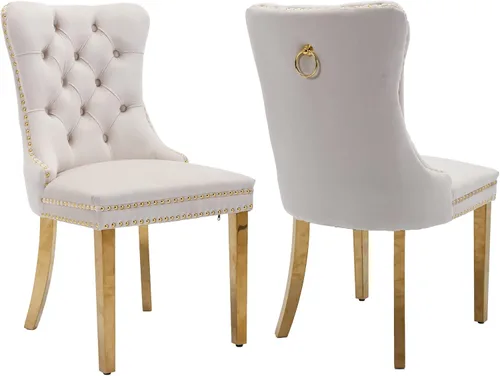 Miniatura 120 de ODUSE-DAILY - Juego de 4 sillas de cocina y comedor de terciopelo beige, tapizadas en tela, respaldo alto con alas, anilla metálica, estructura
