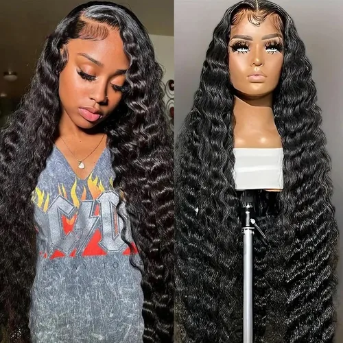 Miniatura 13 de Pelucas de cabello humano ondulado profundo con encaje frontal, densidad del 200%, 13x4 HD transparente, encaje frontal completo, pelucas de cabello