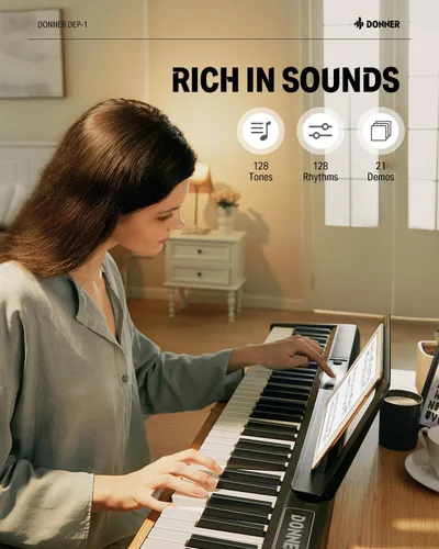 Miniatura 4 de Donner Teclado de piano de 88 teclas, piano digital para principiantes, teclas sensibles a la velocidad, piano eléctrico portátil con soporte, pedal