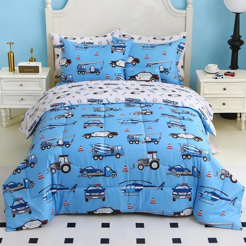 Miniatura 24 de Mooreeke Juego de edredón individual para niños de 6 piezas, juego de ropa de cama azul para adolescentes, microfibra de dinosaurio, cama para niños