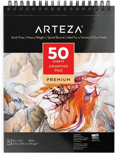 ARTEZA Bloc de papel de dibujo, 8 x 10 pulgadas, paquete de 1, 50 hojas, libros de dibujo de artistas encuadernados en espiral, papel de dibujo