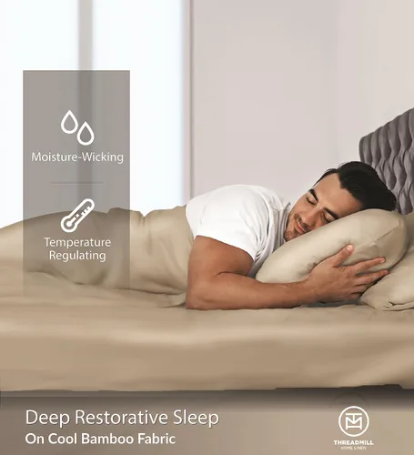 Miniatura 6 de Threadmill Juego de sábanas de rayón de bambú para cama de tamaño matrimonial, 4 piezas refrescantes color beige, suaves como la seda, ligeras