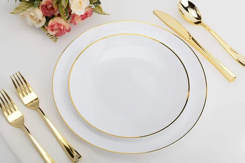 Miniatura 3 de Trendables Juego de 120 platos y cubiertos desechables con borde blanco y dorado de alta calidad, incluye tenedores, cuchillos, cucharas y cucharas