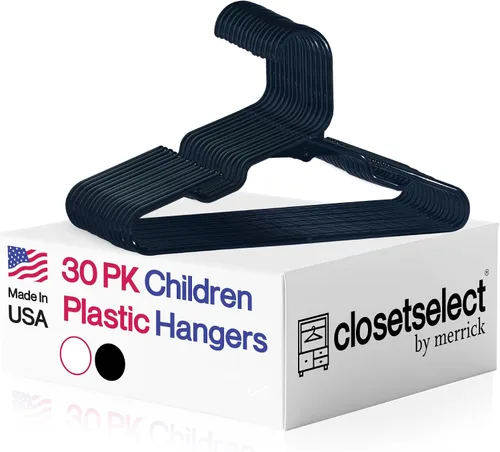 Paquete de 30 perchas para niños y bebés de plástico, fabricadas en EE. UU., para niños, bebés, niños pequeños, ropa de bebé, color negro, 30