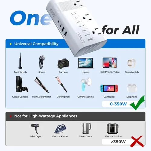 Miniatura 2 de DOACE Convertidor de 220 V a 110 V para viajes europeos - Convertidor de voltaje de 350 W de EE. UU. a Europa con 4 cargadores QC+PD para usar Blanco