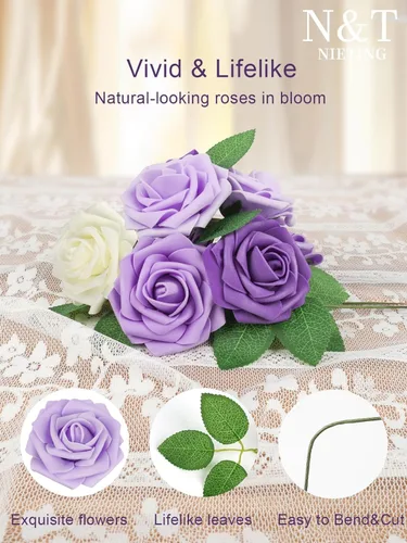 Miniatura 42 de N&T NIETING Flores artificiales, rosas artificiales de color rosa intenso, 50 piezas de flores falsas con tallo para ramos de boda DIY, centros