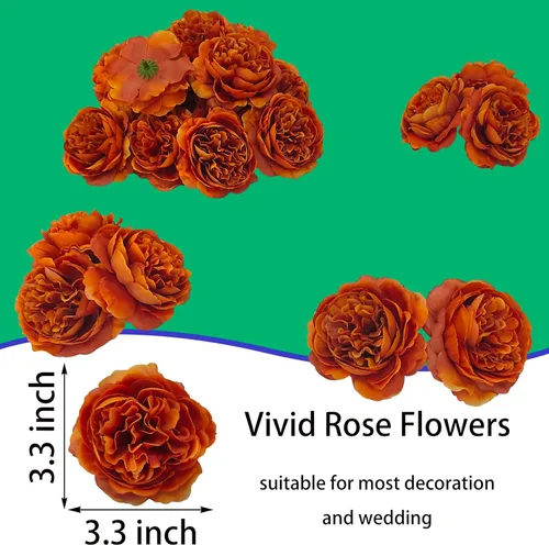 Miniatura 3 de 40 piezas 8.4 cm de cabezas de flores falsas para manualidades, cabezas de rosas artificiales color naranja quemado, cabezas de rosas de seda a