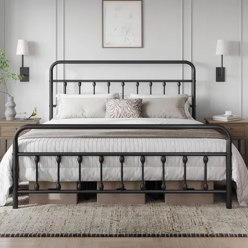 Miniatura 11 de Yaheetech Base de cama clásica de metal con base de colchón con estilo victoriano, cabecera, estribo, almacenamiento debajo de la cama, no necesita
