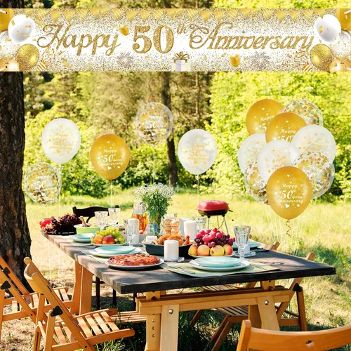 Miniatura 2 de Decoraciones de aniversario de boda de 50 años, pancarta de feliz 50 aniversario de oro blanco y 18 globos dorados de aniversario de boda 50