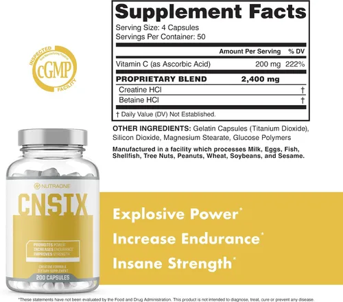 Miniatura 5 de CNSix Cápsulas de creatina por NutraOne - Creatina HCL para ayudar a desarrollar músculo magro* (600 mg - 200 cápsulas)