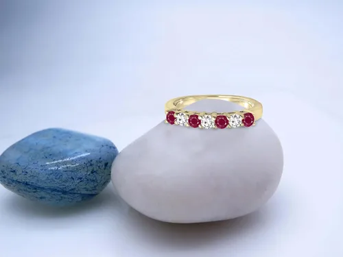 Miniatura 2 de Dazzlingrock Collection 2.5mm Each Round Ruby & White Diamond 7 Stone Stackable Wedding Band for Her in 14K Solid Gold