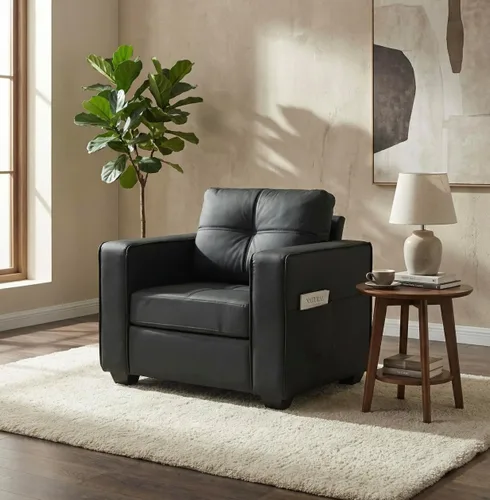 Miniatura 8 de TYBOATLE - Silla Accent cómoda de cuero sintético negro para sala de estar, silla de lectura extragrande con botones decorativos, estilo moderno