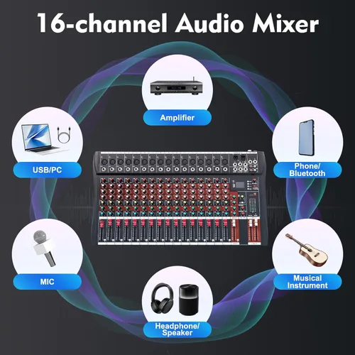Miniatura 4 de Mezclador de audio de 16 canales, consola de mezcla de tablero de sonido, mezclador de sonido DJ con USB y Bluetooth, mezclador de audio de estudio