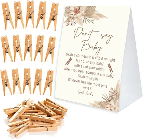Juego de pinzas para la ropa de baby shower, un cartel de papel recubierto de 5 x 7 pulgadas y 50 pinzas naturales para la ropa, baby shower,