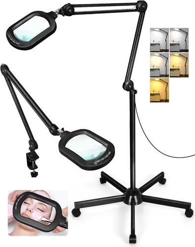 Lupa 10X con luz y soporte, lámpara de pie rectangular grande con lente de vidrio óptico con base rodante de 5 ruedas, 5 modos de color LED