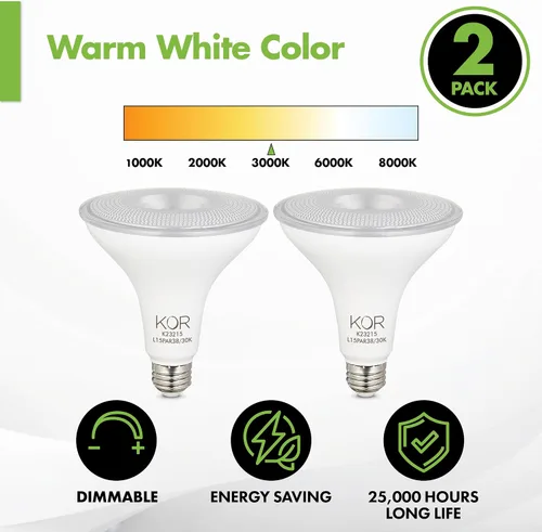 Miniatura 7 de KOR Bombillas de Luz de Inundación LED PAR38, Paquete de 2, Regulables Equivalente a 100W, 3000K Blanco Cálido, Interior y Exterior Bombilla de Foco