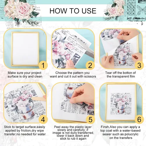 Miniatura 4 de BBTO 12 hojas de transferencias por frotado para manualidades y muebles, calcomanías de transferencia por frotado para madera, papel de bricolaje