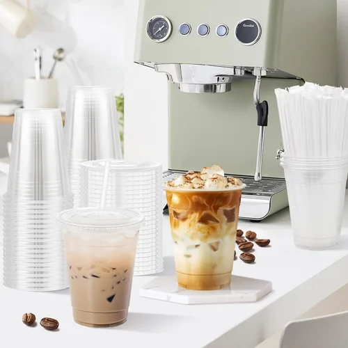 Miniatura 6 de Clawsoff 16 onzas 100 unidades de vasos de plástico con tapas y sorbetes, vasos de café helado transparentes resistentes y aptos para alimentos
