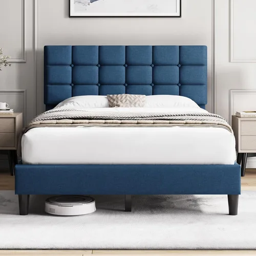 Miniatura 16 de Yaheetech Marco de Cama Tapizado, Plataforma de Cama Queen Moderna con Cabecera de Capitoné con Costuras Cuadradas y Botones, Altura Ajustable, Beige