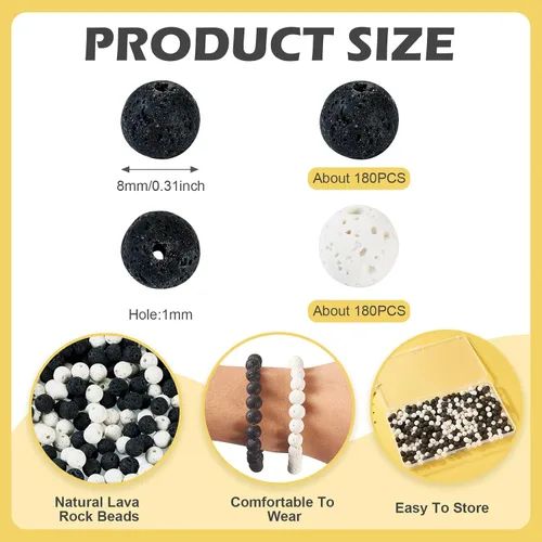 Miniatura 3 de Craftdady 360 cuentas de lava natural de 0.315 pulgadas (0.315 in), cuentas redondas de piedra blanca y negra, cuentas espaciadoras sueltas