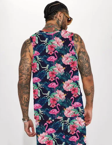 Miniatura 2 de JoZorro Conjunto de camiseta sin mangas con estampado floral para hombre, camiseta deportiva casual con estampado de lujo, ropa deportiva hawaiana