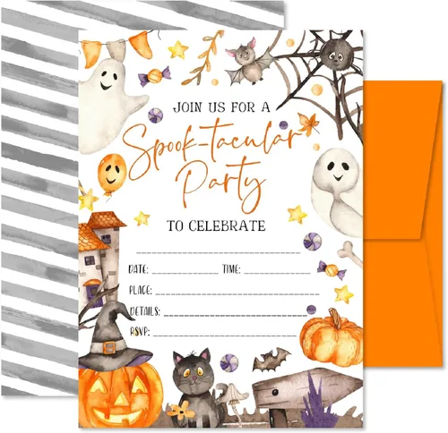 25 invitaciones espeluznantes de Halloween o fiesta de disfraces: tarjetas grandes de doble cara de 5 x 7 pulgadas con sobres naranjas, calabaza,