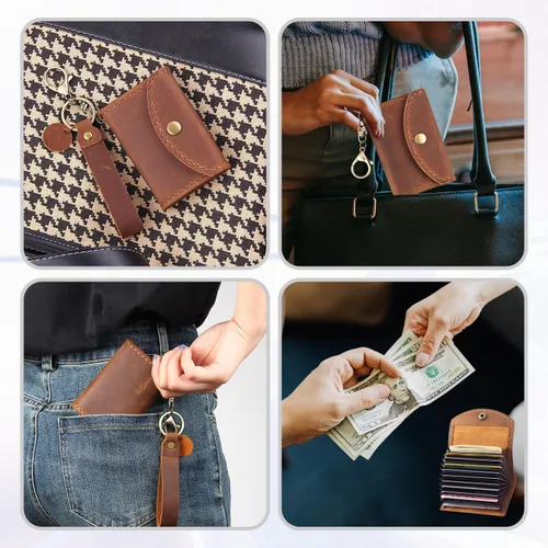 Miniatura 6 de Cartera de cuero genuino para tarjetas de crédito, organizador de tarjetas de crédito para mujeres y hombres, monedero pequeño llavero, Marrón