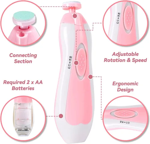 Miniatura 4 de Cortauñas eléctrico para bebé, cortaúñas recargable, juego de manicura con 6 cabezales de molienda para niños pequeños, recién nacidos (rosa)