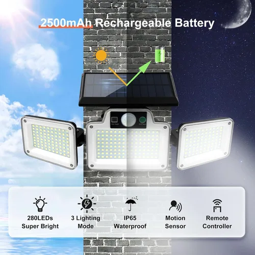 Miniatura 4 de JumJam 280 Reflectores LED Solares de Seguridad, Luces Solares para Exteriores con Sensor de Movimiento, Reflectores con Control Remoto